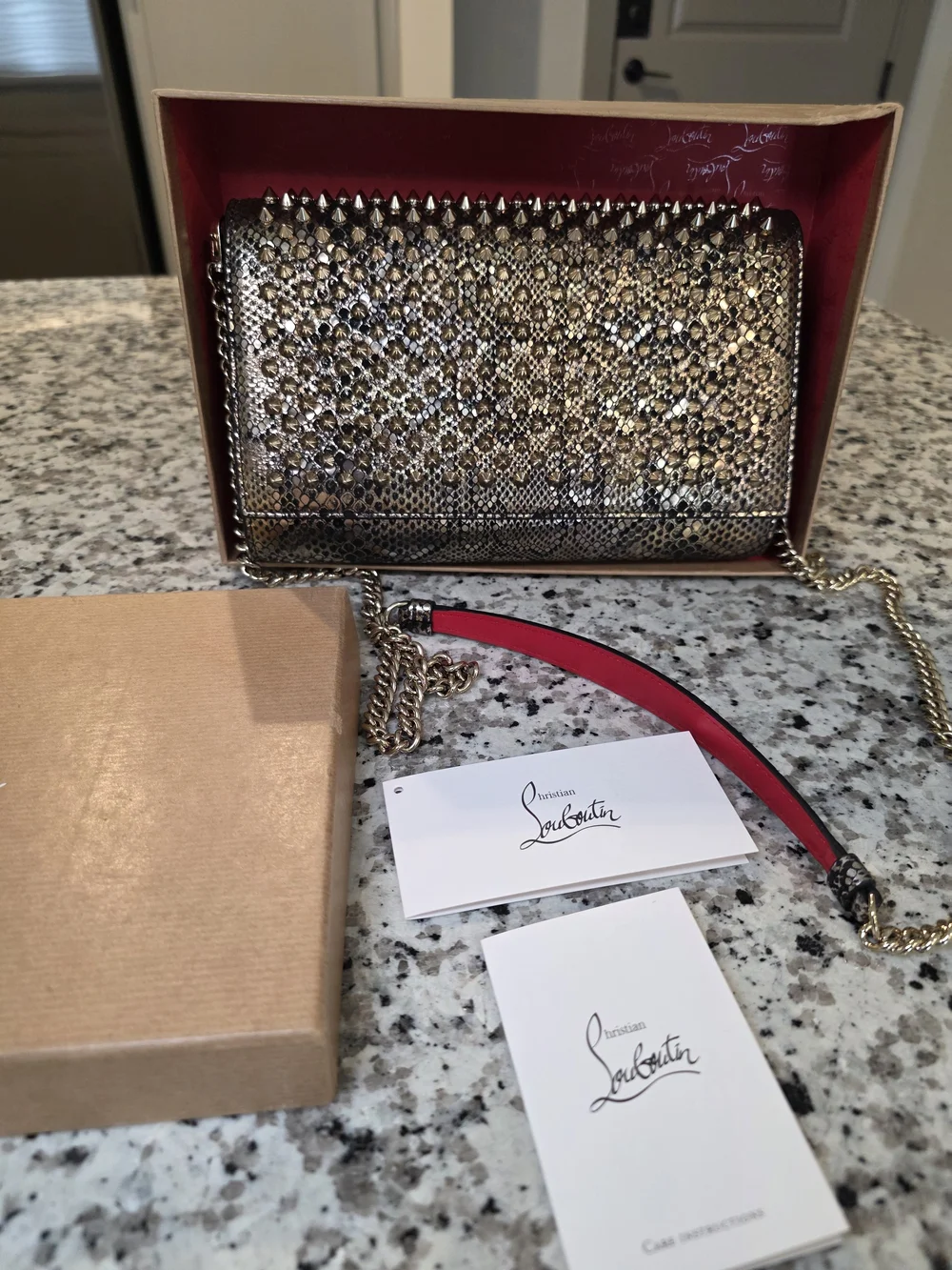 Gold Studded Snake-Texture Clutch with Pink Shoulder Pad